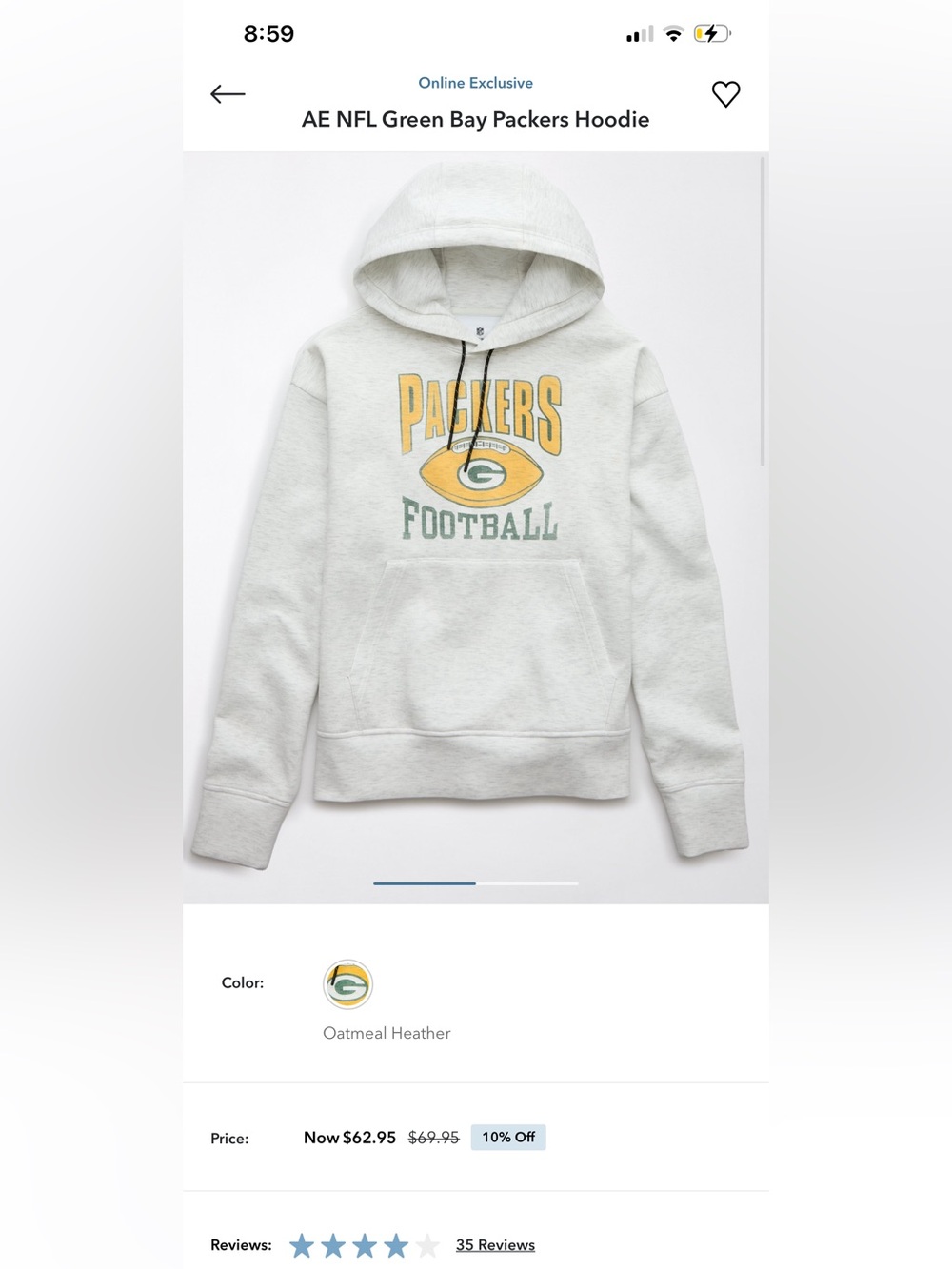 Green Bay Packers Cream Pullover Hoodie - Team Logo Football Sweatshirt - Picture 4 of 6